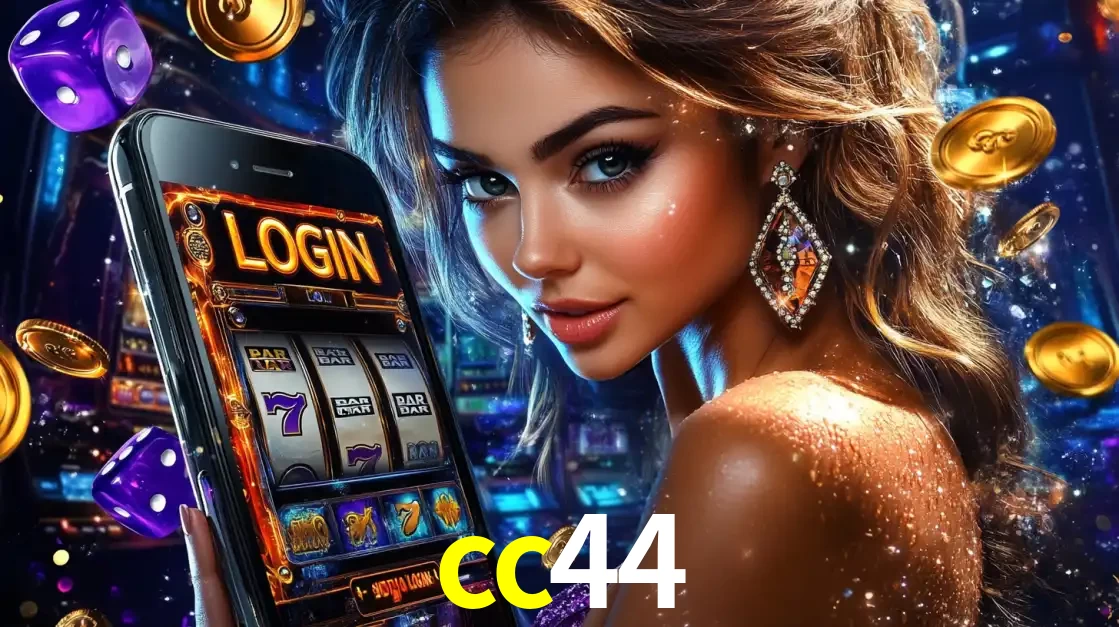 Mulher glamorosa segurando um smartphone com a tela de login para os jogos de caça-níqueis do cassino online cc44, com moedas de ouro e dados ao redor.